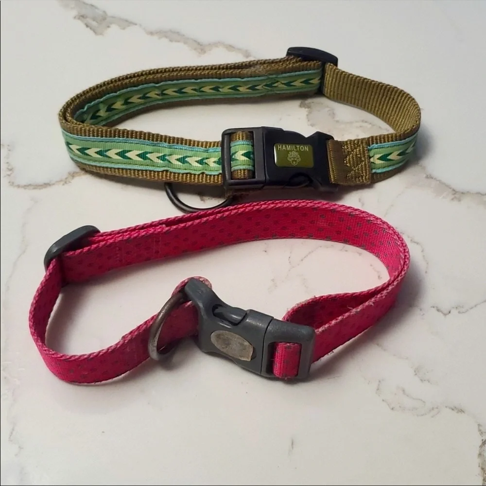 Two Medium to Large Dog Collars - Pink and Green
